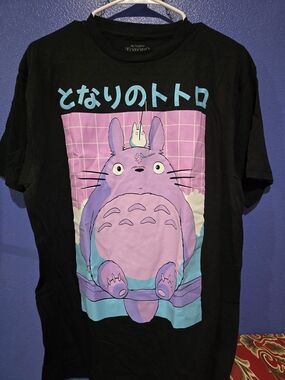 Hot Topic Black Tee with Purple and Aqua Totoro Graphic